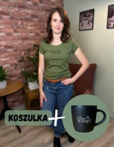 Zestaw koszulka i kubek Dobrze że jesteś - prezent damski khaki