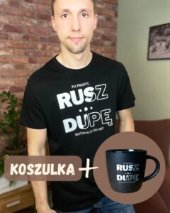 Zestaw Koszulka + Kubek "Rusz dupę" Czarna Męska Trening Cel Wytrwałość